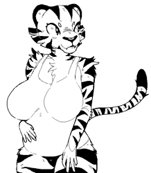 Size: 594x682 | Tagged: safe, artist:breakersunny, big cat, feline, mammal, tiger, anthro, big breasts, black and white, blushing, breasts, chest fluff, cleavage, clothes, fangs, female, fluff, fur, grayscale, hand on abdomen, monochrome, sharp teeth, shoulder fluff, simple background, smiling, solo, solo female, striped fur, tail, tank top, teeth, topwear, white background
