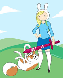 Size: 400x496 | Tagged: safe, artist:richard gonzales, cake the cat (adventure time), fionna the human (adventure time), cat, feline, human, mammal, semi-anthro, adventure time, cartoon network, bottomwear, clothes, dot eyes, duo, duo female, female, females only, hair, hand on hip, hat, holding object, low res, lying down, on back, outdoors, playing, rule 63, shirt, skirt, smiling, socks, sword, tail, topwear, weapon