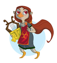 Size: 500x558 | Tagged: safe, artist:richard gonzales, medli (zelda), animal humanoid, bird, fictional species, mammal, rito, humanoid, nintendo, the legend of zelda, the legend of zelda: the wind waker, beak, blush sticker, clothes, female, hair, harp, holding object, musical instrument, pointy ears, red eyes, rito harp, solo, solo female, young