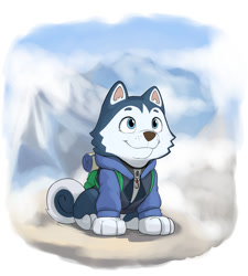 Size: 920x1022 | Tagged: safe, artist:diacordst, oc, oc only, canine, dog, husky, mammal, nordic sled dog, feral, nickelodeon, paw patrol, 2020, black nose, clothes, digital art, ears, fur, male, sitting, solo, solo male, tail