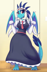Size: 1400x2121 | Tagged: safe, artist:shadowreindeer, princess ember (mlp), tohru (dragon maid), dragon, fictional species, western dragon, anthro, digitigrade anthro, friendship is magic, hasbro, miss kobayashi's dragon maid, my little pony, 2d, blue scales, breasts, clothes, cosplay, costume, crossover, cute, dragoness, dress, evening gloves, female, gloves, long gloves, looking at you, necktie, orange eyes, puffy sleeves, scales, smiling, solo, solo female