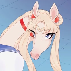Size: 1279x1279 | Tagged: safe, artist:nifty-boi, usagi tsukino (sailor moon), equine, horse, mammal, feral, sailor moon, blue eyes, clothes, female, hair, hoers, mare, meme, open mouth, sailor moon redraw, sailor outfit, solo, solo female, species swap, tiara