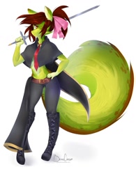 Size: 997x1280 | Tagged: safe, artist:berruchan, oc, oc only, mammal, rodent, squirrel, anthro, plantigrade anthro, boots, bottomwear, bow, cloak, clothes, female, hair bow, looking at you, necktie, orange eyes, pants, shoes, smiling, solo, solo female, sword, weapon