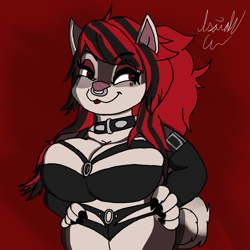 Size: 1000x1000 | Tagged: safe, artist:isaiahtse, oc, oc only, oc:mixi elkhound (missmixi), anthro, bust, clothes, female, hair, red eyes, red hair, simple background, tail, watermark