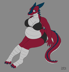 Size: 1000x1033 | Tagged: safe, artist:longlevy, oc, oc only, dragon, fictional species, anthro, blue eyes, bottomwear, bra, breasts, claws, cleavage, clothes, dragoness, fat, female, gray background, horns, leg wraps, overweight, signature, simple background, smiling, solo, solo female, tail, underwear, wraps
