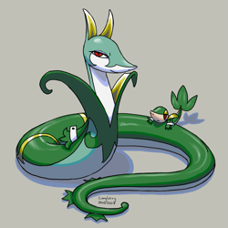 Size: 907x907 | Tagged: safe, artist:longlevy, oc, oc only, oc:leander (longlevy), fictional species, reptile, serperior, snake, snivy, feral, nintendo, pokémon, ambiguous gender, clothes, cuffs (clothes), duo, duo ambiguous, gray background, long body, red eyes, self paradox, signature, simple background, size difference, smiling, starter pokémon, tail