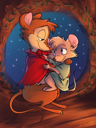Size: 900x1200 | Tagged: safe, artist:jonas, mrs. brisby (the secret of nimh), timmy brisby (the secret of nimh), mammal, mouse, rodent, semi-anthro, sullivan bluth studios, the secret of nimh, 2d, brown body, brown fur, duo, female, field mouse, fur, gray body, gray fur, holding, male, mother, mother and child, mother and son, murine, son, young