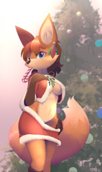 Size: 757x1280 | Tagged: suggestive, artist:b-epon, oc, oc:samantha (synrock01), canine, fox, mammal, red fox, anthro, belly button, breasts, candy cane, christmas, christmas outfit, christmas tree, conifer tree, feathers, female, gloves (arm marking), holiday, solo, solo female, tree, underboob, undressing, vixen