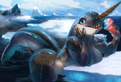 Size: 1618x1100 | Tagged: suggestive, artist:fivel, cetacean, mammal, narwhal, whale, anthro, breasts, butt, female, food, gray body, horn, huge breasts, huge butt, open mouth, sharp teeth, snow cone, solo, solo female, tail, teeth, tusks