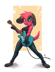 Size: 800x1043 | Tagged: safe, artist:ultranork, cherry (animal crossing), canine, dog, mammal, anthro, animal crossing, nintendo, 2021, 2d, bottomwear, clothes, female, fur, guitar, looking at you, musical instrument, pants, playing musical instrument, red body, red fur, shirt, signature, simple background, smiling, smiling at you, solo, solo female, tail, topwear