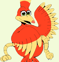 Size: 549x580 | Tagged: safe, artist:breakersunny, kazooie (banjo-kazooie), bird, breegull, fictional species, red crested breegull, semi-anthro, banjo-kazooie, rareware, beak, claws, feathered wings, feathers, female, green eyes, looking at you, open beak, open mouth, simple background, smiling, solo, solo female, tail, tail feathers, talons, white background, wings