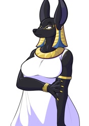 Size: 1200x1700 | Tagged: safe, artist:danonymous13, anubian jackal, canine, jackal, mammal, anthro, big breasts, breasts, clothes, ear piercing, earring, female, piercing, robe, solo, solo female