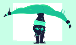 Size: 1525x909 | Tagged: species needed, suggestive, artist:inkplasm, anthro, cc by-nc-nd, creative commons, colored outline, female, flat colors, looking at you, restricted palette, solo, solo female, teal outline, upside down