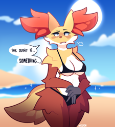 Size: 2162x2397 | Tagged: suggestive, artist:inkplasm, delphox, fictional species, mammal, anthro, cc by-nc-nd, creative commons, nintendo, pokémon, beach, blushing, bra, breasts, brown outline, clothes, cloud, female, flat colors, high res, looking at you, panties, sky, solo, solo female, speech bubble, starter pokémon, tail, underwear