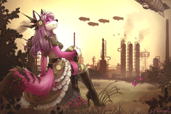 Size: 900x600 | Tagged: safe, artist:iskra, oc, oc only, oc:selene, arthropod, butterfly, canine, insect, mammal, anthro, plantigrade anthro, 2015, ambient wildlife, boots, bottomwear, bow, clothes, description in the comments, dirigible, dress, eco-terrorism, factory, featured image, female, fur, hair bow, high heels, legwear, outdoors, pink body, pink fur, satisfied, scenery, shoes, skirt, smiling, solo, solo female, steampunk, striped clothes, striped legwear, thigh highs