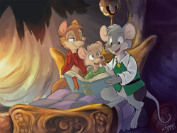 Size: 1200x900 | Tagged: safe, artist:jonas, jonathan brisby (the secret of nimh), mrs. brisby (the secret of nimh), timmy brisby (the secret of nimh), mammal, mouse, rodent, semi-anthro, sullivan bluth studios, the secret of nimh, 2d, book, father, father and child, father and son, female, group, holding, holding book, holding object, husband, husband and wife, male, mother, mother and child, mother and son, reading, son, trio, wife