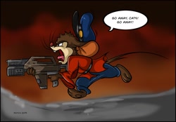 Size: 1280x891 | Tagged: safe, artist:dutch, fievel mousekewitz (an american tail), mammal, mouse, rodent, anthro, an american tail, sullivan bluth studios, 2019, angry, brown body, brown fur, clothes, dialogue, fur, gun, hat, male, murine, open mouth, solo, solo male, talking, weapon, young