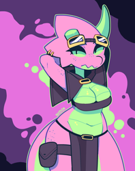 Size: 2022x2559 | Tagged: suggestive, artist:inkplasm, oc, oc only, fictional species, kobold, reptile, anthro, cc by-nc-nd, creative commons, abstract background, blue outline, breasts, colored outline, double outline, female, flat colors, goggles, goggles on head, green outline, high res, looking at you, slit pupils, solo, solo female, tail