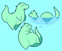 Size: 1152x945 | Tagged: safe, artist:inkplasm, dinosaur, feral, cc by-nc-nd, creative commons, :>, :o, ambiguous gender, black outline, chibi, cyan background, flat colors, group, simple background, slightly chubby, tail, trio, trio ambiguous, water