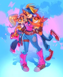 Size: 1000x1228 | Tagged: safe, artist:mirkand, coco bandicoot (crash bandicoot), crash bandicoot (crash bandicoot), tawna bandicoot (crash bandicoot), bandicoot, mammal, marsupial, anthro, plantigrade anthro, crash bandicoot (series), boots, bottomwear, clothes, cute, ear piercing, earring, female, goggles, green eyes, grin, group, hug, male, pants, partial nudity, piercing, shirt, shoes, size difference, smiling, sneakers, topless, topwear, trio