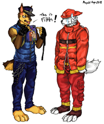 Size: 839x1004 | Tagged: safe, artist:miyukiaya, chase (paw patrol), marshall (paw patrol), canine, dalmatian, dog, german shepherd, mammal, anthro, digitigrade anthro, nickelodeon, paw patrol, angry, black nose, book, caught, clothes, cross-popping veins, crying, digital art, duo, duo male, ears, english text, fur, hat, helmet, looking at you, male, males only, older, open mouth, sharp teeth, simple background, suit, teeth, tongue, white background