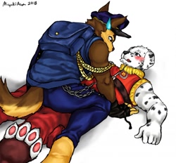 Size: 1280x1189 | Tagged: safe, artist:miyukiaya, chase (paw patrol), marshall (paw patrol), canine, dalmatian, dog, german shepherd, mammal, anthro, digitigrade anthro, nickelodeon, paw patrol, black nose, blushing, clothes, clumsy, digital art, duo, duo male, ears, fur, licking, licking lips, looking at each other, looking at you, lying down, male, males only, older, simple background, suit, sweat, sweatdrop, tongue, tongue out, white background