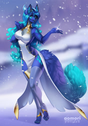 Size: 703x1000 | Tagged: safe, artist:aomori, oc, oc only, oc:nyx (icebounde), canine, mammal, wolf, anthro, digitigrade anthro, barefoot, blue body, blue eyes, blue fur, blue hair, body markings, breasts, cleavage, clothes, detailed background, dipstick tail, ear fluff, eyebrows, eyelashes, female, fluff, fur, gray body, gray fur, hair, horns, long hair, looking at you, multicolored fur, multicolored hair, nipple piercing, open mouth, outdoors, piercing, snow, snowfall, solo, solo female, tail, tail fluff, two toned body, two toned fur, two toned hair, winter