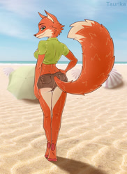 Size: 920x1265 | Tagged: safe, artist:taurika, nick wilde (zootopia), canine, fox, mammal, red fox, anthro, digitigrade anthro, disney, zootopia, beach, black nose, breasts, butt, clothes, digital art, ears, eyelashes, female, fur, hand on hip, looking at you, looking back, looking back at you, ocean, rear view, rule 63, sand, sideboob, sky, solo, solo female, tail, thighs, vixen, water, wide hips
