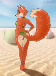 Size: 920x1265 | Tagged: safe, alternate version, artist:taurika, nick wilde (zootopia), canine, fox, mammal, red fox, anthro, digitigrade anthro, disney, zootopia, beach, bikini, black nose, breasts, butt, clothes, digital art, ears, erect nipples, eyelashes, female, fur, hand on hip, looking at you, looking back, looking back at you, nipple outline, ocean, rear view, rule 63, sand, sideboob, sky, solo, solo female, swimsuit, tail, thighs, vixen, water, wide hips