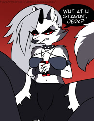 Size: 910x1170 | Tagged: safe, artist:taurika, loona (vivzmind), canine, fictional species, hellhound, mammal, anthro, hazbin hotel, helluva boss, angry, belly button, black nose, breasts, clothes, collar, crop top, dialogue, digital art, ears, eyelashes, female, fur, hair, legwear, looking at you, lying down, simple background, solo, solo female, speech bubble, stockings, tail, talking, text, thighs, topwear, unamused, wide hips