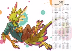 Size: 4093x2894 | Tagged: safe, artist:hr_bananabird, bird, anthro, 2021, abstract background, beak, bird feet, bird hands, bird soles, bottomwear, calendar, cheek fluff, claws, clothes, digital art, feathers, fluff, green feathers, happy, hoodie, leg fluff, long tail, looking back, pants, pink feathers, side view, smiling, soles, tail, tail feathers, topwear, yellow body