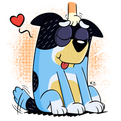 Size: 1080x1080 | Tagged: safe, artist:inklingbear, bandit heeler (bluey), chilli heeler (bluey), australian cattle dog, canine, dog, mammal, feral, bluey (series), :p, abstract background, canon ship, couple, cute, eyes closed, female, floppy ears, heart, husband, husband and wife, male, male focus, offscreen character, shipping, solo focus, tail, tail wag, tongue, tongue out, wife