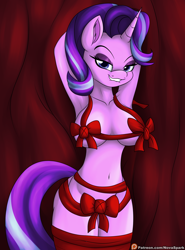 Size: 1700x2300 | Tagged: suggestive, artist:novaspark, starlight glimmer (mlp), equine, fictional species, mammal, pony, unicorn, anthro, cc by-nc-nd, creative commons, friendship is magic, hasbro, my little pony, anthrofied, belly button, breasts, christmas, female, holiday, looking at you, ribbon, solo, solo female, wrapped up