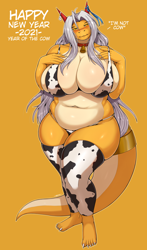 Size: 2938x5000 | Tagged: suggestive, artist:zaskiaharnny, oc, oc only, oc:harnny, dragon, fictional species, anthro, big belly, bikini, blushing, breasts, clothes, cow print, dialogue, dragoness, female, gray hair, hair, hand on breast, horns, huge breasts, scales, swimsuit, tail, talking, watermark, yellow eyes