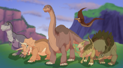 Size: 1229x688 | Tagged: safe, artist:dj coulz, cera (the land before time), chomper (the land before time), ducky (the land before time), littlefoot (the land before time), petrie (the land before time), spike (the land before time), apatosaurus, ceratops, dinosaur, duck-billed dinosaur, pteranodon, pterosaur, reptile, saurolophus, sauropod, stegosaurus, theropod, triceratops, tyrannosaurus rex, feral, sullivan bluth studios, the land before time, brown body, female, gray body, green body, group, male, older, yellow body