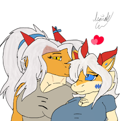 Size: 1280x1280 | Tagged: safe, artist:isaiahtse, oc, oc only, oc:harnny, anthro, blue eyes, bust, chest fluff, clothes, daughter, female, fluff, gray hair, hair, horns, kiss on the cheek, kissing, mother, mother and child, mother and daughter, multiple characters, scales, simple background, transparent background, watermark, yellow eyes