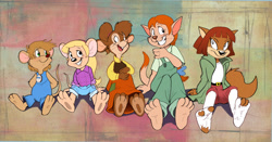 Size: 1700x888 | Tagged: safe, artist:dodgyrom, abigail (once upon a forest), amy lawrence (tom sawyer), jane (treasure island), tanya mousekewitz (an american tail), tweezle (little mouse on the prairie), cat, feline, mammal, mouse, rodent, anthro, an american tail, hanna-barbera, little mouse on the prairie, once upon a forest, sullivan bluth studios, the legend of treasure island, tom sawyer (film), feet, female, females only, field mouse, group, murine, teenager, tomboy