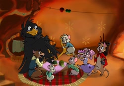Size: 800x555 | Tagged: safe, artist:taski, cynthia brisby (the secret of nimh), jeremy crow (the secret of nimh), justin (the secret of nimh), martin brisby (the secret of nimh), mrs. brisby (the secret of nimh), teresa brisby (the secret of nimh), timmy brisby (the secret of nimh), bird, corvid, crow, mammal, mouse, rat, rodent, songbird, feral, semi-anthro, sullivan bluth studios, the secret of nimh, bottomless, bottomwear, bow, cake, cape, clothes, dress, female, field mouse, field mousr, food, group, hair bow, male, murine, partial nudity, shirt, size difference, topwear, young