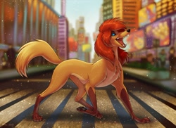 Size: 800x581 | Tagged: safe, artist:ifus, rita (oliver & company), canine, dog, mammal, saluki, feral, disney, oliver & company, 2018, 2d, brown body, brown fur, city, eyes closed, female, fur, new york city, paw pads, paws, side view, solo, solo female, tail