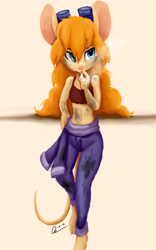 Size: 1600x2560 | Tagged: safe, artist:raphaeldavid, gadget hackwrench (chip 'n dale: rescue rangers), mammal, mouse, rodent, anthro, chip 'n dale: rescue rangers, disney, blue eyes, clothes, dirty, female, goggles, midriff, murine, overalls, solo, solo female, tank top, topwear