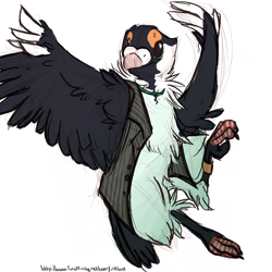 Size: 750x750 | Tagged: safe, artist:inkbird, oc, oc only, oc:ink (inkbird), bird, pigeon, anthro, 2014, ambiguous gender, beak, bird feet, black feathers, chest fluff, clothes, collar, digital art, feathered wings, feathers, flat chest, fluff, neck fluff, orange feathers, simple background, spread wings, tail, tail feathers, white background, white feathers, winged arms, wings