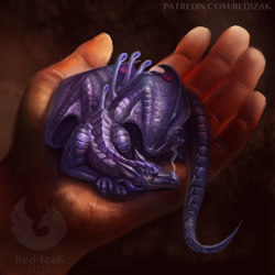 Size: 1278x1280 | Tagged: safe, artist:red-izak, oc, oc:aphala (frekly), dragon, fictional species, human, mammal, reptile, scaled dragon, western dragon, feral, 2020, ambiguous gender, curled horns, curled up, digital art, digital painting, dragoness, duo, female, horns, lying down, micro, offscreen character, prone, purple body, purple scales, scales, smiling, smoke, solo focus, tail, watermark, webbed wings, wings