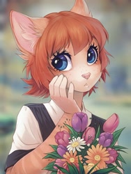 Size: 844x1125 | Tagged: safe, artist:iskra, oc, oc only, oc:vera (iskra), cat, feline, mammal, anthro, 2015, 2d, blue eyes, bouquet, brown hair, clothes, cute, digital art, ears, featured image, female, flower, fur, hair, looking at you, outdoors, solo, solo female, tan body, tan fur