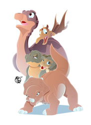 Size: 765x1044 | Tagged: safe, artist:brisbybraveheart, cera (the land before time), ducky (the land before time), littlefoot (the land before time), petrie (the land before time), spike (the land before time), apatosaurus, ceratops, dinosaur, duck-billed dinosaur, pteranodon, pterosaur, reptile, saurolophus, sauropod, stegosaurus, triceratops, feral, sullivan bluth studios, the land before time, universal pictures, 2d, brown body, female, green body, group, male, simple background, white background, yellow body, young