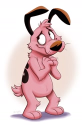 Size: 1302x1981 | Tagged: safe, artist:orlandofox, courage (courage), beagle, canine, dog, mammal, semi-anthro, cartoon network, courage the cowardly dog, 2021, black body, black fur, cheek fluff, digital art, floppy ears, fluff, front view, fur, head fluff, looking sideways, male, paws, pink body, pink fur, solo, solo male, standing, tail, three-quarter view