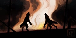 Size: 1200x600 | Tagged: safe, artist:animal_shapes, canine, mammal, wolf, feral, 2021, ambiguous gender, awoo, digital art, digital painting, duo, ears laid back, fire, fur, outdoors, paws, rear view, rearing, smoke, tail, tree, underpaw
