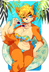 Size: 840x1225 | Tagged: suggestive, artist:queenashi, audie (animal crossing), canine, mammal, wolf, anthro, animal crossing, animal crossing: new horizons, nintendo, 2020, abstract background, arm fluff, bikini, blue eyes, breast fluff, breasts, cheek fluff, chest fluff, cleavage, clothes, curvy figure, dipstick tail, ear fluff, eyebrow through hair, eyebrows, eyelashes, female, fluff, fur, glasses, gloves (arm marking), hair, hip fluff, hourglass figure, inner tube, leg fluff, looking at you, one eye closed, orange body, orange fur, pale belly, pubic fluff, shoulder fluff, skimpy, smiling, solo, solo female, sunglasses, swimsuit, tail, tail fluff, tan body, tan fur, thigh gap, wide hips, winking, yellow hair