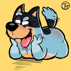 Size: 850x850 | Tagged: suggestive, artist:trashtoonz, bandit heeler (bluey), australian cattle dog, canine, dog, mammal, semi-anthro, bluey (series), blue body, blue fur, butt, butt blush, front view, fur, lying down, male, prone, saliva, simple background, solo, solo male, tail, tail wag, three-quarter view, yellow background