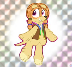 Size: 1525x1425 | Tagged: safe, artist:rainbow eevee, indy (bluey), afghan hound, canine, dog, mammal, semi-anthro, bluey (series), cc by-nc, creative commons, 2d, abstract background, arm fluff, beanbrows, brown outline, clothes, double outline, female, fluff, front view, hair, leg fluff, looking at you, orange hair, puppy, purple eyes, solo, solo female, three-quarter view, topwear, vest, young