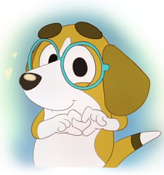 Size: 1409x1496 | Tagged: safe, artist:plinko, honey (bluey), beagle, canine, dog, mammal, semi-anthro, bluey (series), 2d, cute, female, front view, glasses, heart, looking at you, meganekko, on model, solo, solo female, three-quarter view